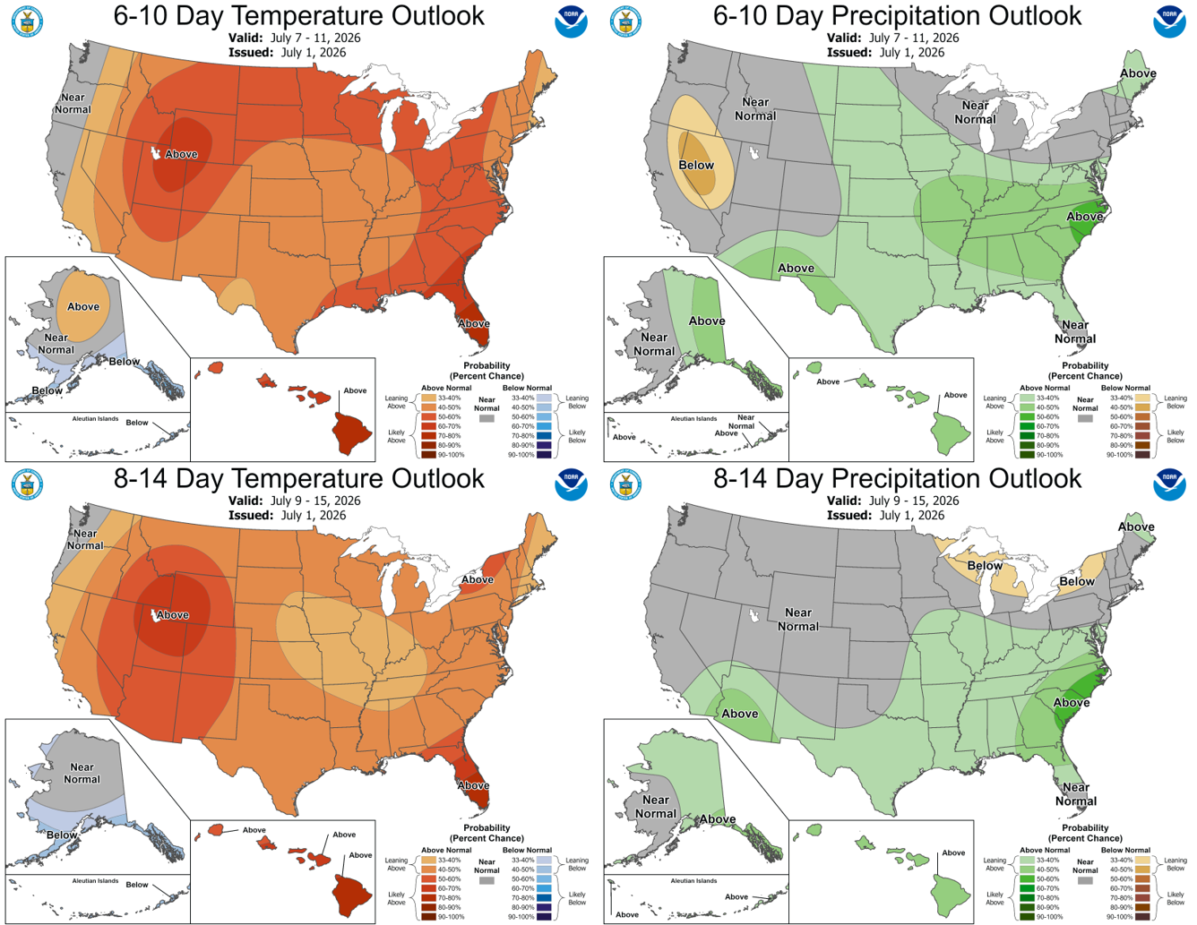 The 6-10 day (July 7-11, top) and 8-14 day (July 9-15, bottom) outlooks for temperature (left) and precipitation (right).  